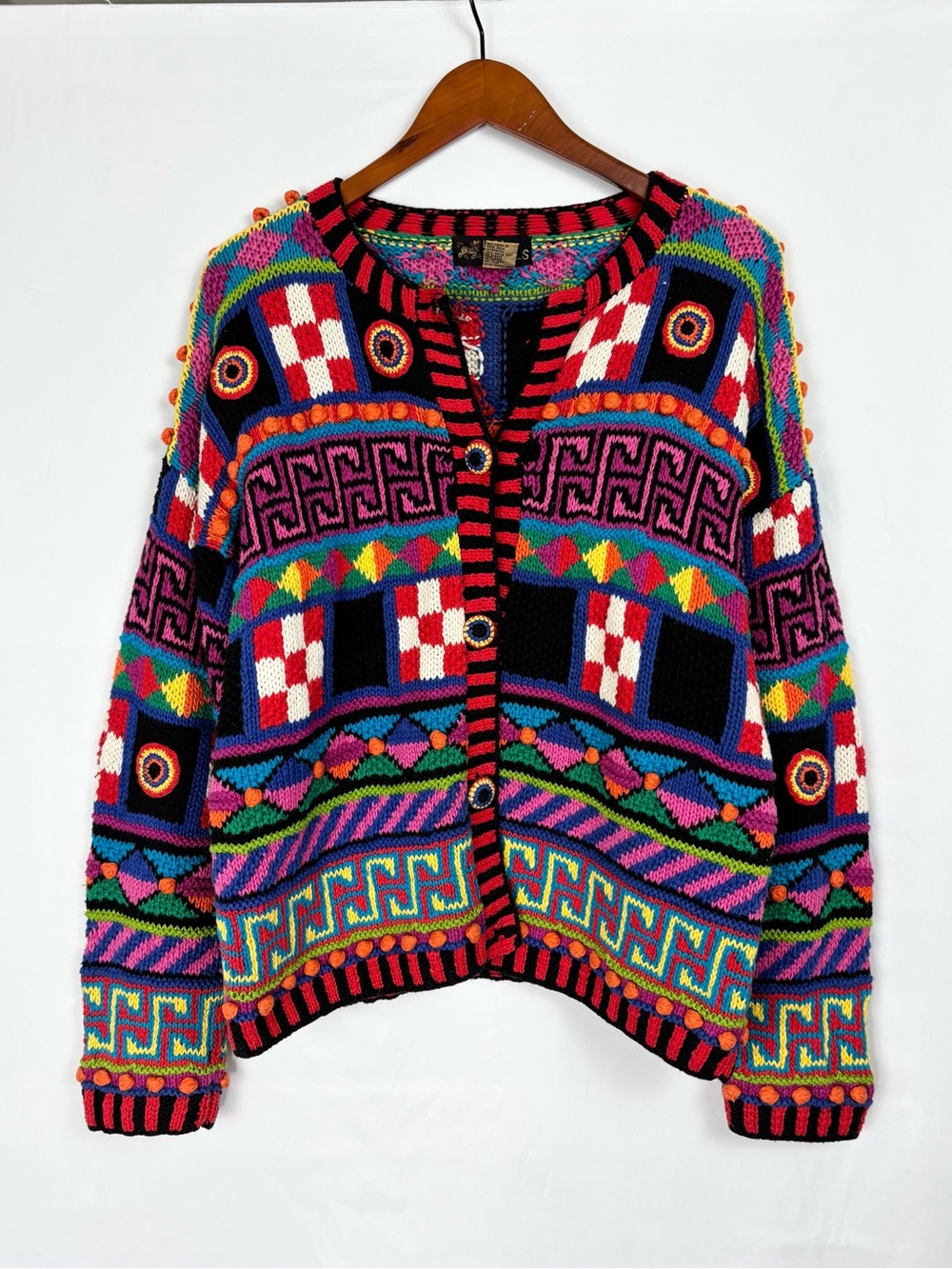 Vintage Lisa Nichols Knit Art Color Button Up Sweater Size S Checkered Multi
